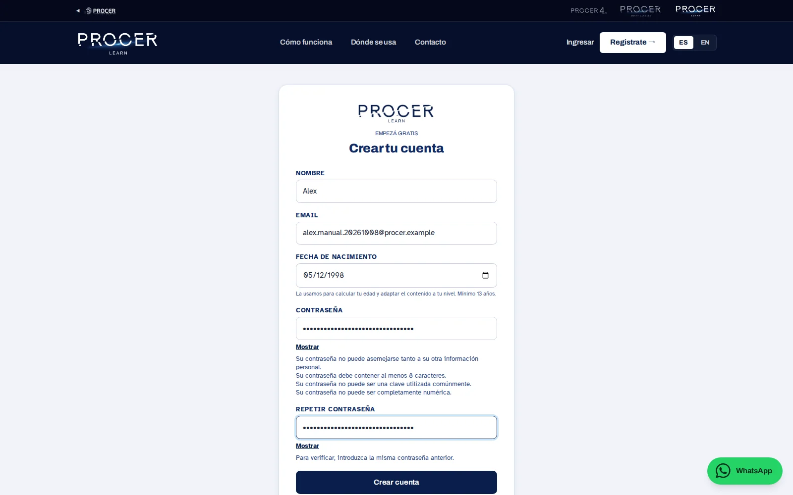 Captura de Learn: Crear tu cuenta o entrar