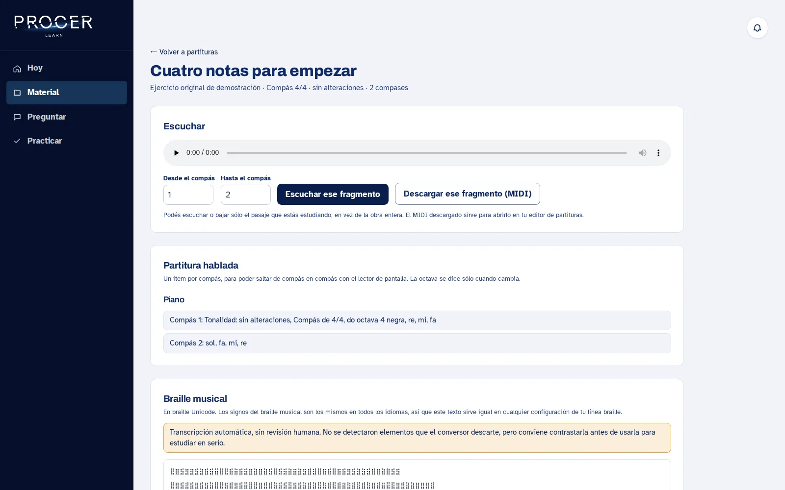 Captura de Learn: Recorré compás por compás