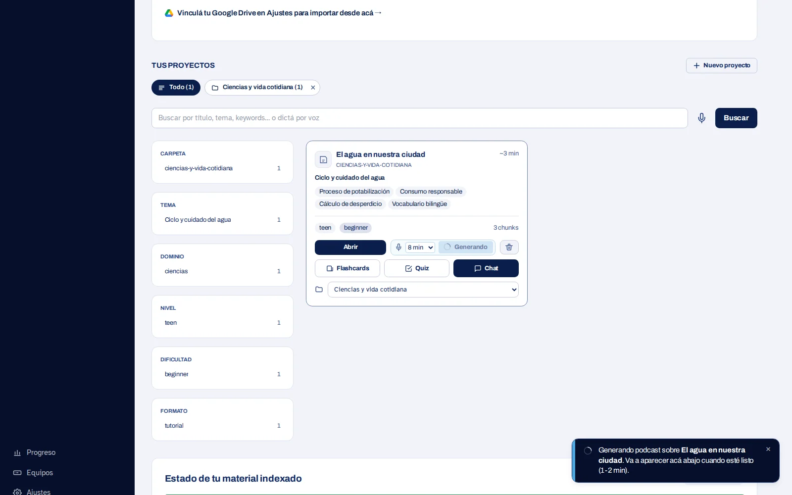 Captura de Learn: Escuchar podcasts de tus materiales