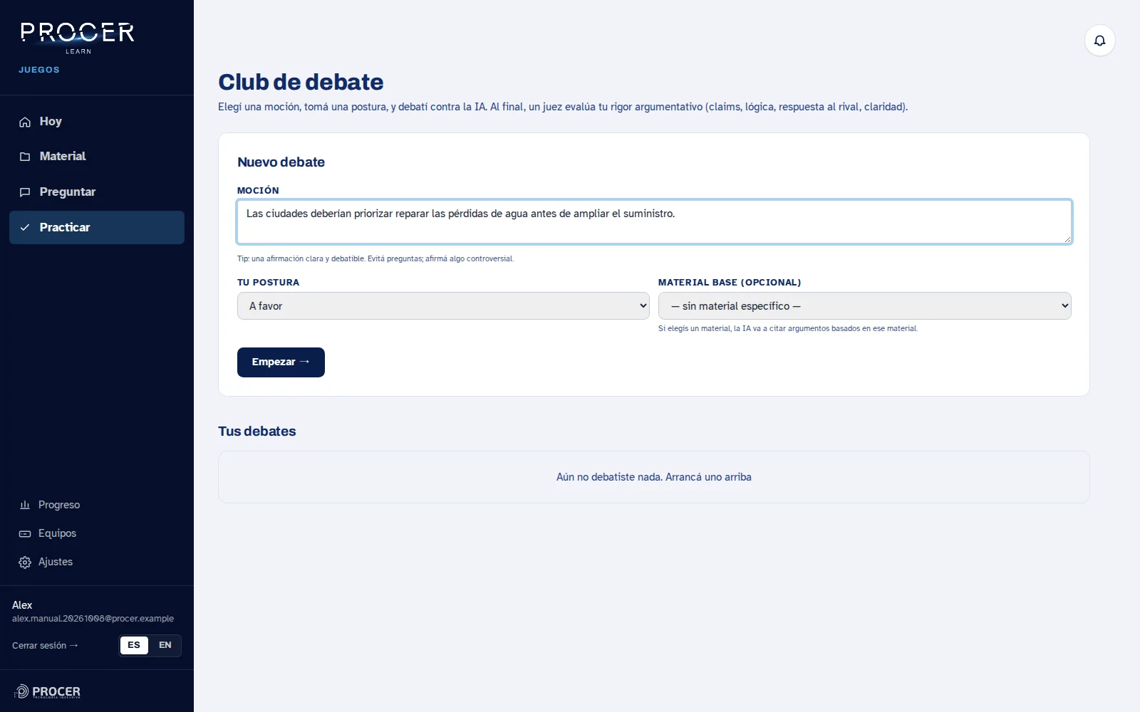 Captura de Learn: Debatir una idea