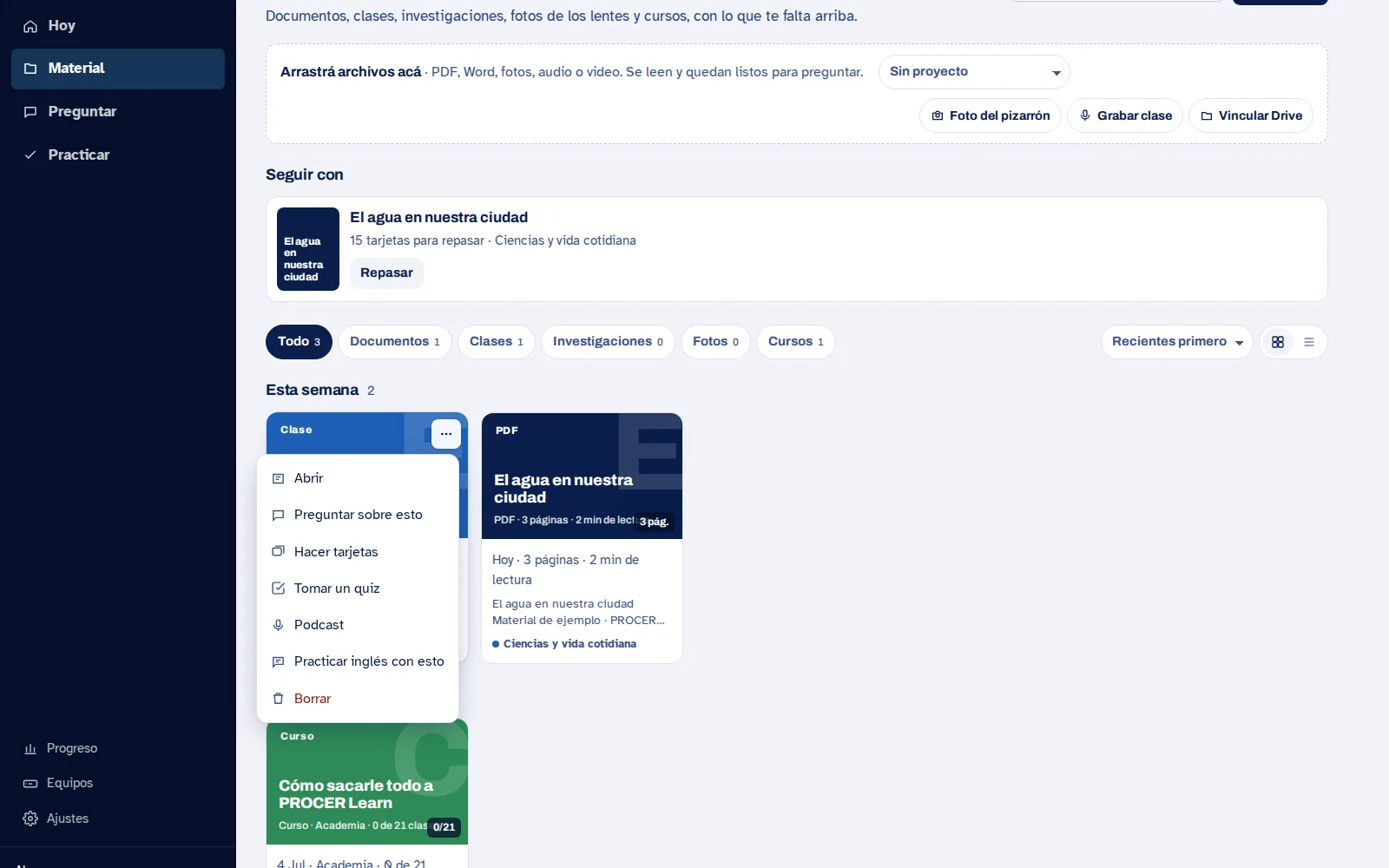 Captura de Learn: Usá el menú del documento